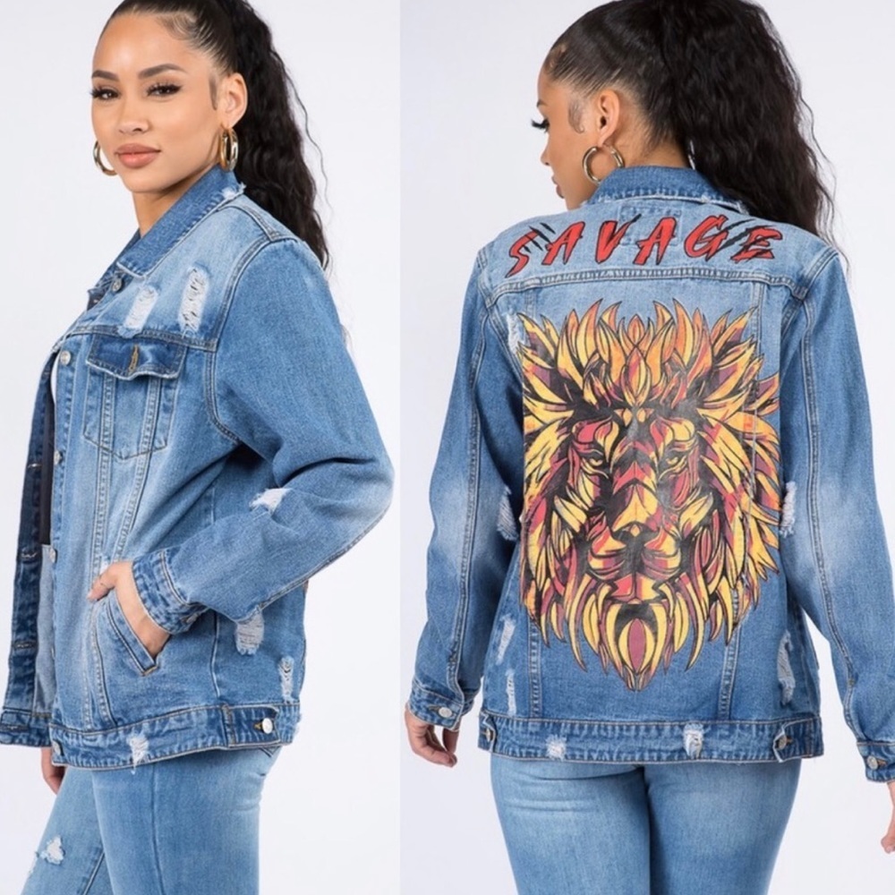 New! Savage Lion Print Denim Jean Jacket